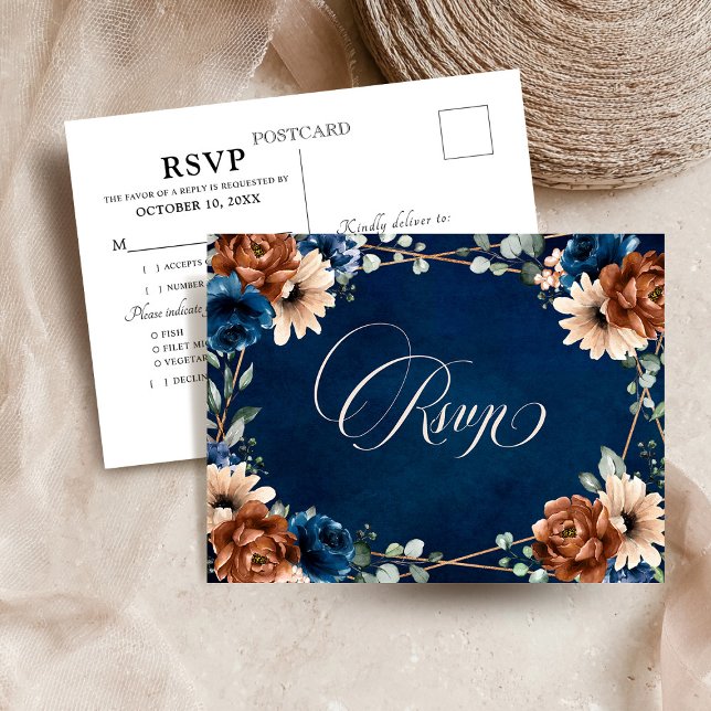 Terracotta Navy Blue Greenery Geometric OSA Postc Vykort (Terracotta Navy Blue Greenery Geometric Wedding RSVP Postcard)