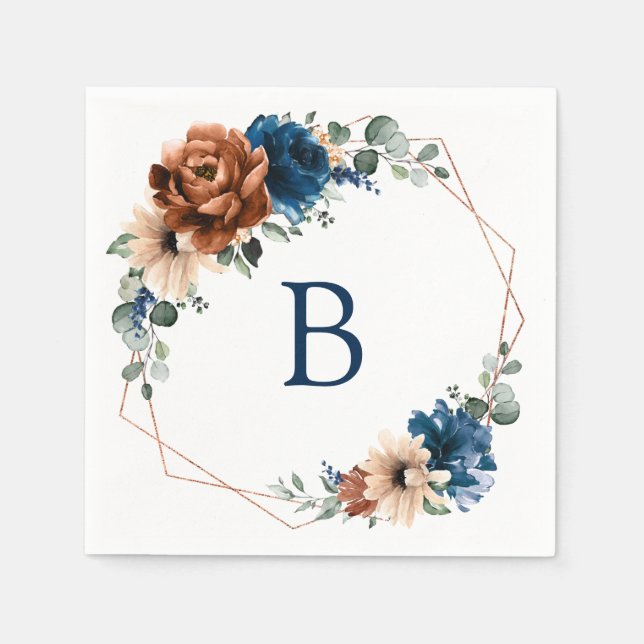 Terracotta Navy Blue Greenery Monogram Bröllop Pappersservett (Framsidan)