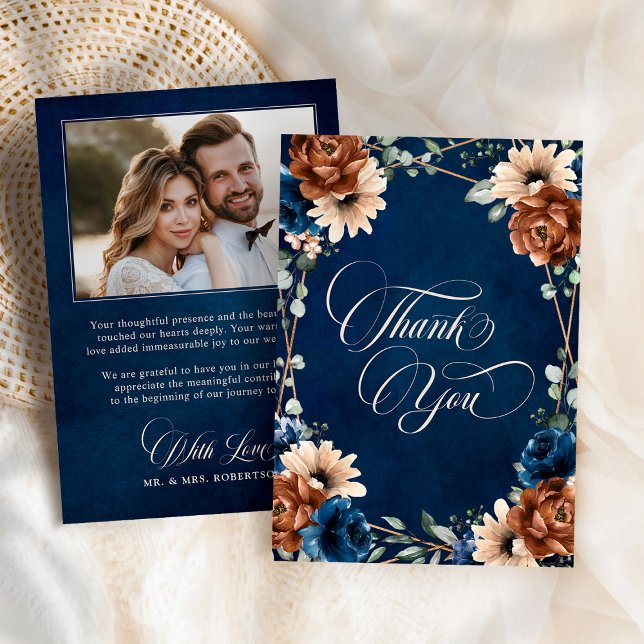 Terracotta Navy Blue Greenery Photo Bröllop Tack Kort (Terracotta Navy Blue Greenery Photo Wedding Thank You Card)