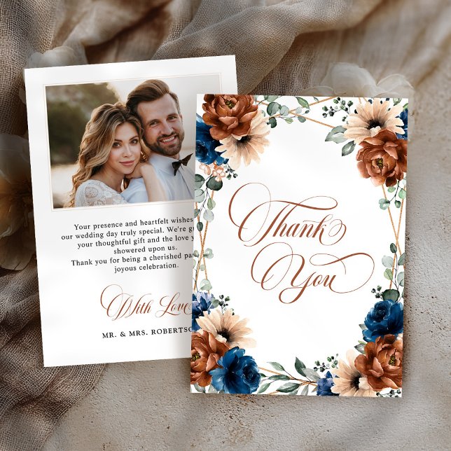 Terracotta Navy Blue Greenery Photo Bröllop Tack Kort (Terracotta Navy Blue Greenery Photo Wedding Thank You Card)