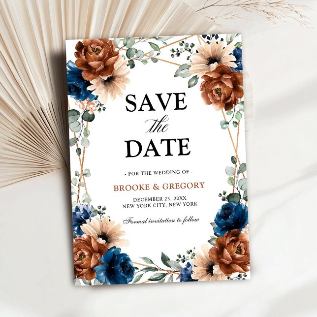 Terracotta Navy Blue Greenery Spara datumet (Terracotta Navy Blue Greenery Save the date)