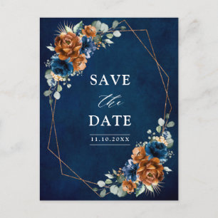 Terracotta Navy Blue Greenery Spara datumet Postca Vykort