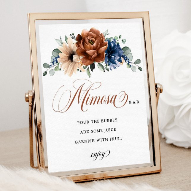 Terracotta Navy Blue Möhippa Mimosa Pub Sign Poster (Bridal Shower Mimosa Bar Terracotta and Navy blue floral.)