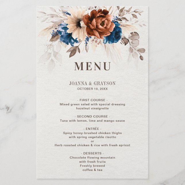 Terracotta Navy Blue Pampas Grass Bröllop Menu (Framsida)