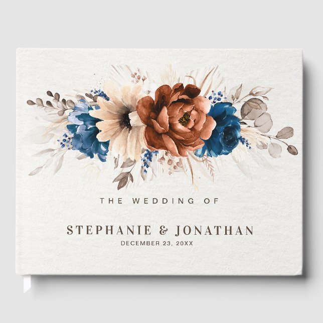 Terracotta Navy Blue Pampas Grass Rustic Bröllop Gästböcker (Framsida)