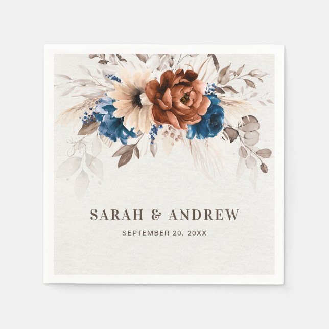 Terracotta Navy Blue Pampas Grass Rustic Bröllop Pappersservett (Framsidan)