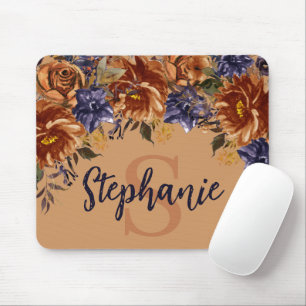 Terracotta Navy Blue Watercolor Blommigt Monogram Musmatta