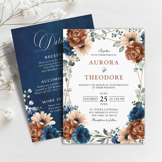 Terracotta Navy Geometric Bröllop alla i ett Inbjudningar (Terracotta Navy Geometric Wedding All In one Invitation)