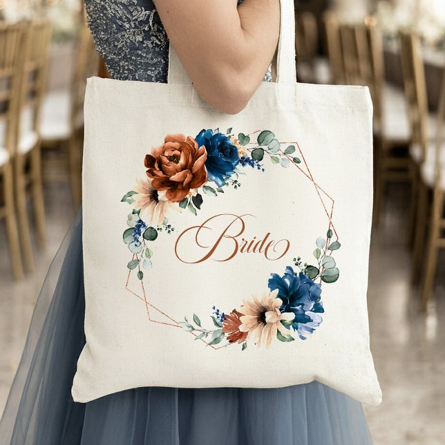 Terracotta Navy Greenery Geometric Bröllop Bride Tygkasse (Terracotta Navy Greenery Geometric Wedding Bride Tote Bag)