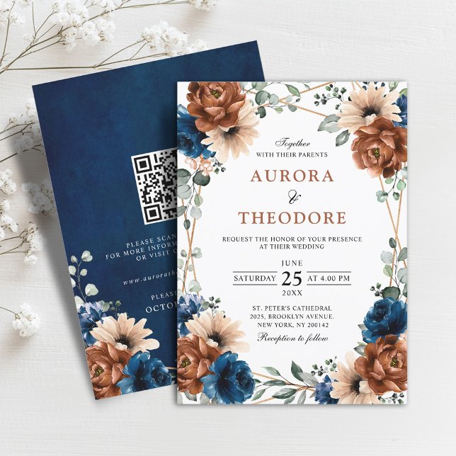 Terracotta Navy Greenery Geometric Bröllop QR Code Inbjudningar (Terracotta Navy Blue Greenery Geometric Wedding QR Code Invitation)
