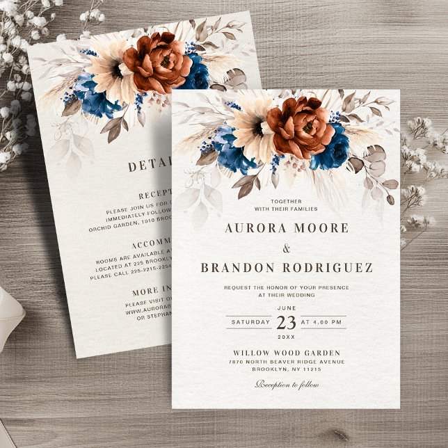 Terracotta Navy Pampas Grass All på ett Bröllop Inbjudningar (Terracotta Navy Pampas Grass All in One Details Wedding Invitation)