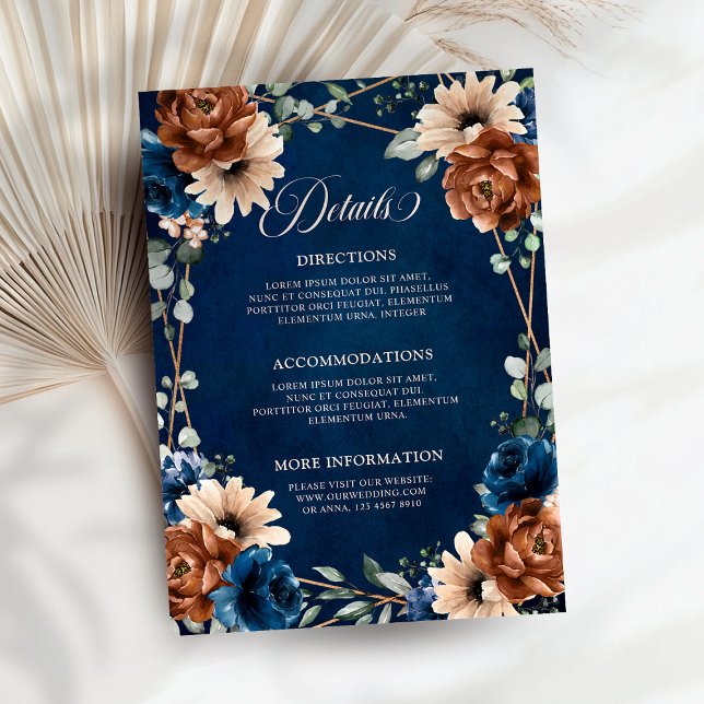 Terracotta Navyblå Grönska Bröllopsdetaljer Inkl Tilläggskort (Terracotta Navy Blue Greenery Wedding Details Enclosure Card)