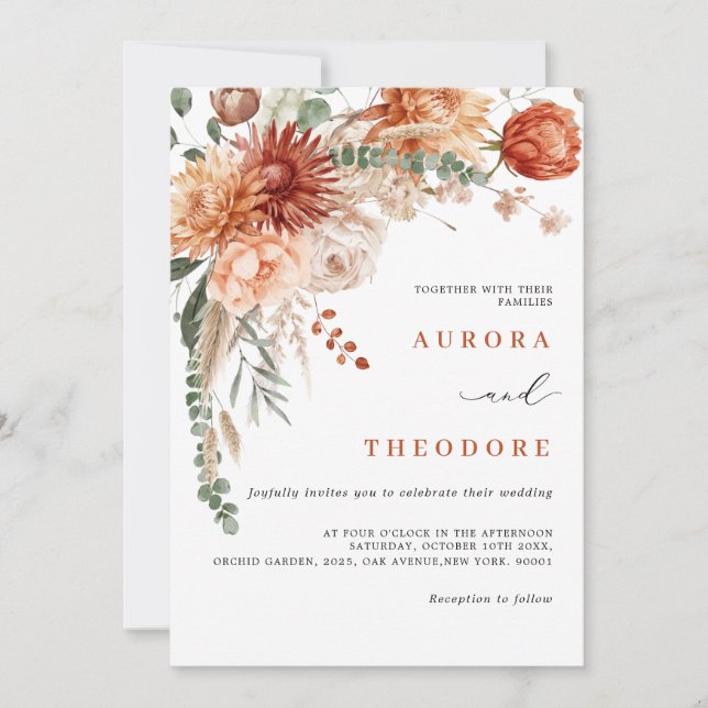 Terracotta och Emerald Grönt Rustic Blommigt Bröll Inbjudningar (Framsida)