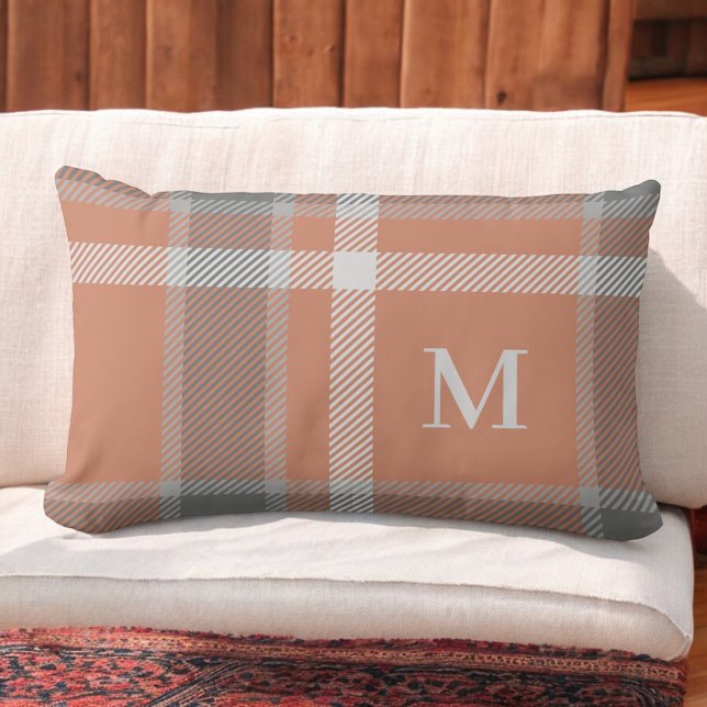Terracotta och Grått Tartan Play med Monogram Lumbarkudde (Skapare uppladdad)