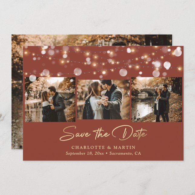 Terracotta och Guld Bröllop 4 Photo Save Date Spara Datumet (Fram/baksida)