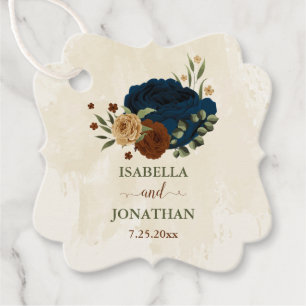 Terracotta och marinblå blommigt grey bröllop gåvor etiketter