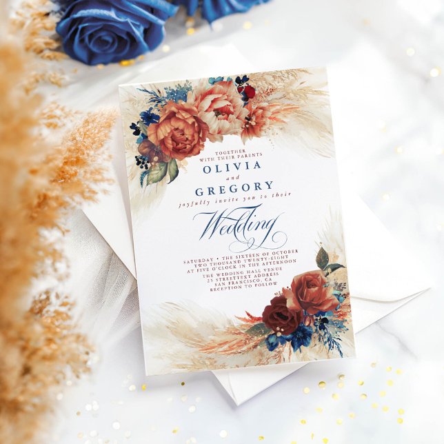 Terracotta och marinblå Blommigten Elegant bröllop Inbjudningar (Boho Navy Blue and Terracotta Wedding Invitations)