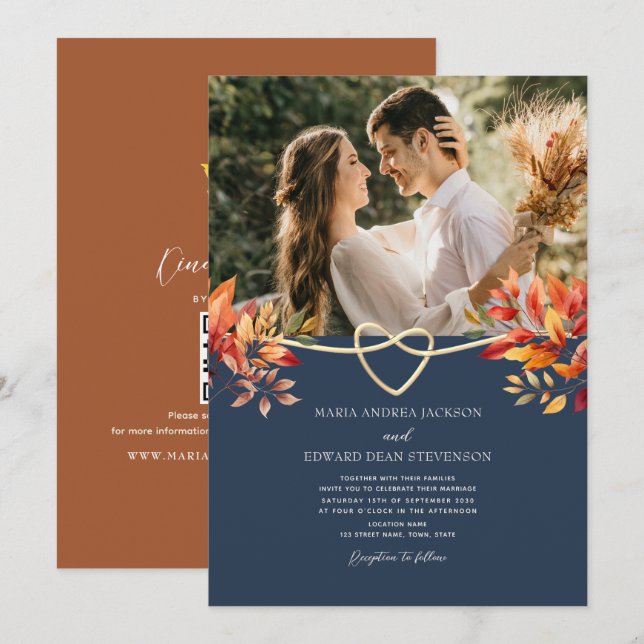 Terracotta och Navy Blue Rustic Fall Wedding Inbjudningar (Fram/baksida)