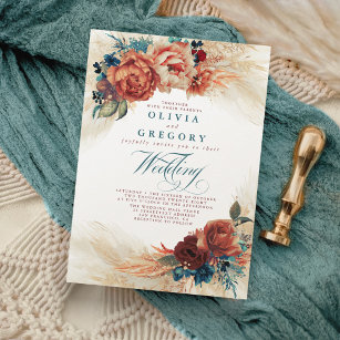 Terracotta och Teal Blommigt Elegant Boho Bröllop Inbjudningar