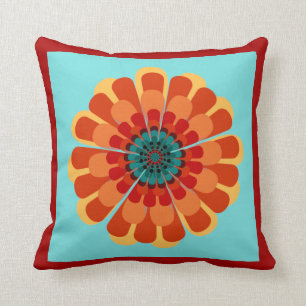 Terracotta och Teal Flower med Red Orange Gräns Kudde