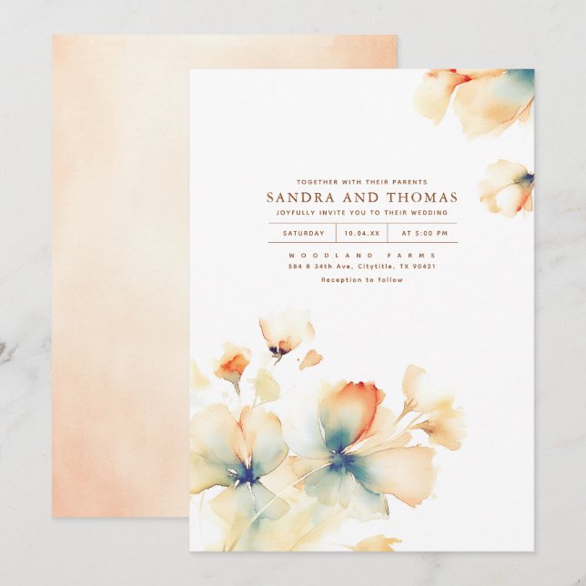 Terracotta och Teal Flowers Elegant Fall Wedding Inbjudningar (Fram/baksida)