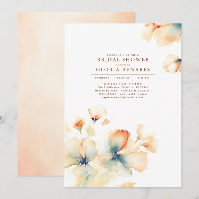 Terracotta och Teal Flowers Modern Möhippa Inbjudningar (Fram/baksida)