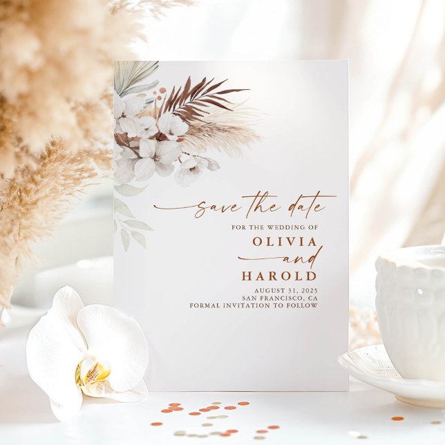 Terracotta och vita blommor Spara datumet Meddelande (Save The Date Boho Terracotta Cards)