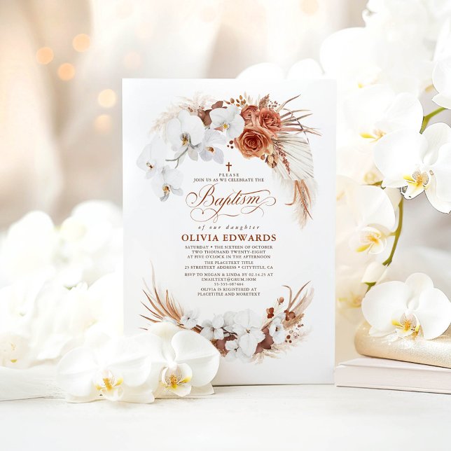 Terracotta och White Flowers Boho Chic Baptism Inbjudningar (White Orchids Terracotta Baptism Invitations)