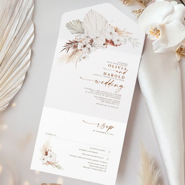 Terracotta och White Flowers Exotic Boho Bröllop (Boho Folded Wedding Invitation)