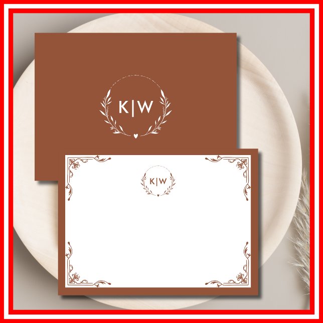 Terracotta och White | Modern Initialer Monogram Anteckningskort (Terracotta and White | Modern Initials Monogram Note Card)