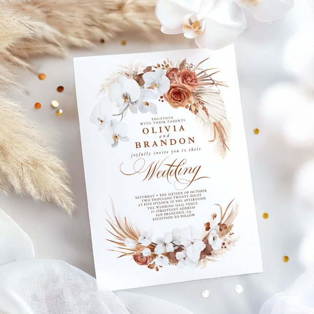 Terracotta och White Orchids Flowers Boho Bröllop Inbjudningar (Terracotta Wedding Invitation)