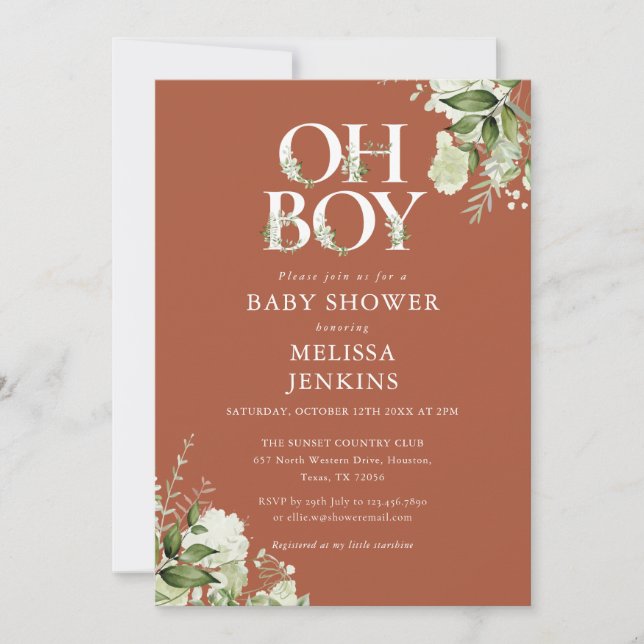 Terracotta Oh Boy Botanical Greenery Baby Shower Inbjudningar (Framsida)