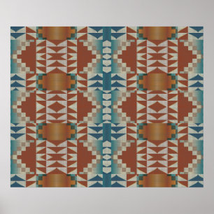 Terracotta Orange Brown Teal Blue Mosaic Art Poster
