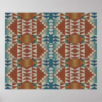 Terracotta Orange Brown Teal Blue Mosaic Art Poster