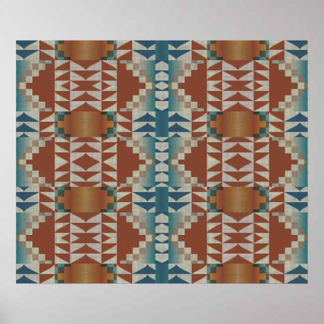 Terracotta Orange Brown Teal Blue Mosaic Art Poster (Framsidan)
