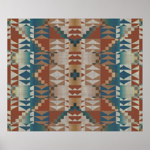 Terracotta Orange Brown Teal Blue Mosaic Art Poster