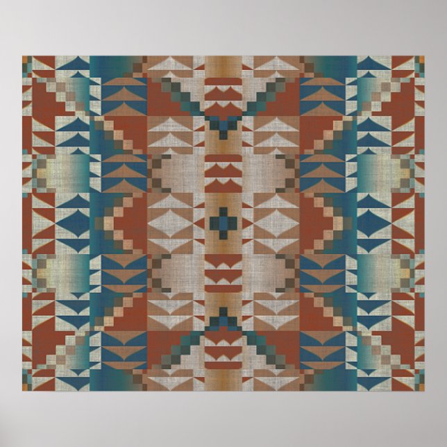 Terracotta Orange Brown Teal Blue Mosaic Art Poster (Framsidan)