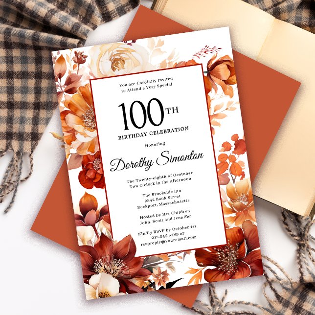 Terracotta Orange Fall Flowers 100-årsdagen Inbjudningar (Need a matching Welcome Sign? Message me!)