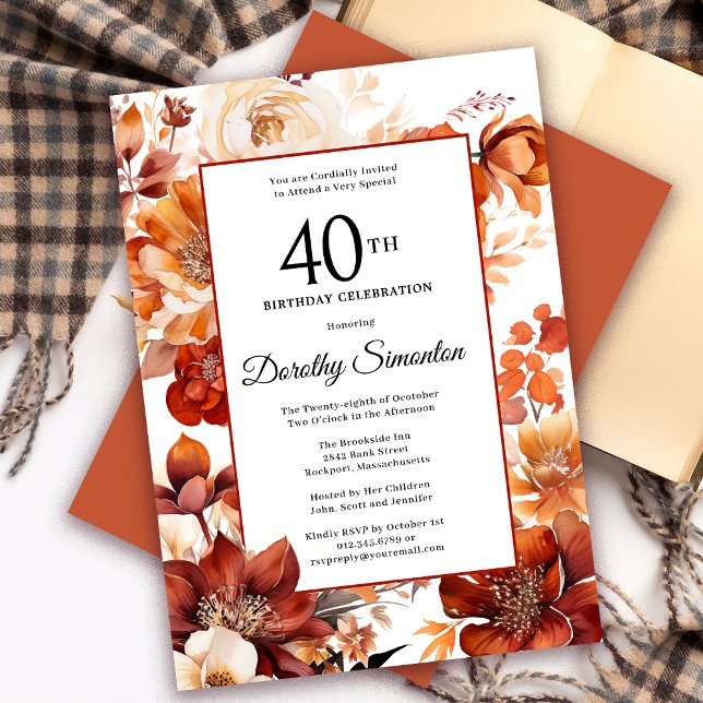 Terracotta Orange Fall Flowers 40:e födelsedagen Inbjudningar (Need a matching autumn floral Welcome Sign? Message me! Party supplies available too!)