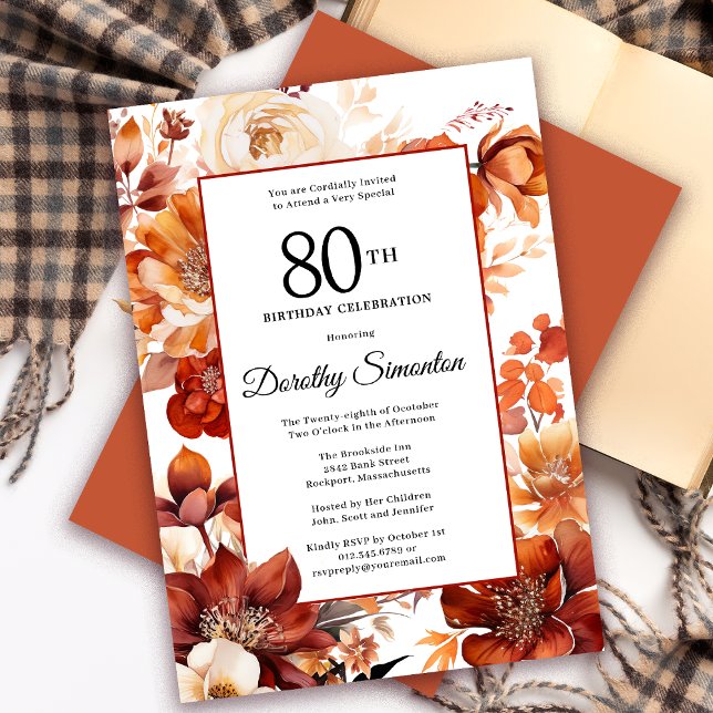 Terracotta Orange Fall Flowers 80:e födelsedagen Inbjudningar (Need a matching autumn floral Welcome Sign? Message me! Party supplies available too!)