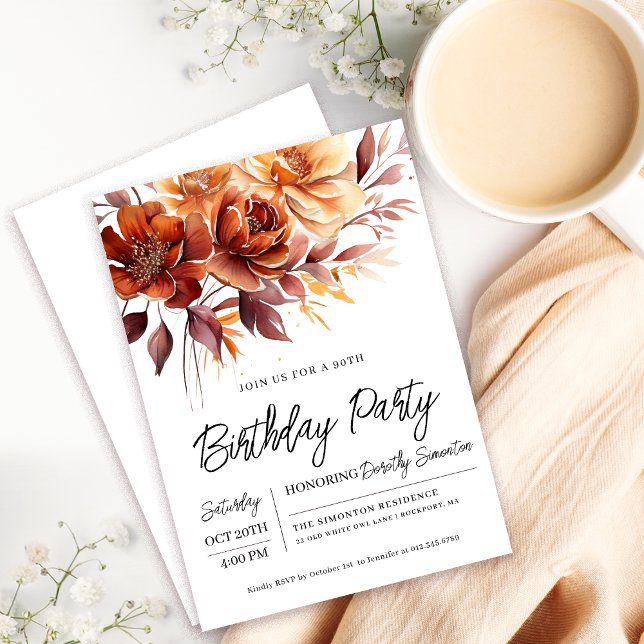 Terracotta Orange Fall Flowers 90:e födelsedag Inbjudningar (Need a matching fall floral welcome sign? Message me!)