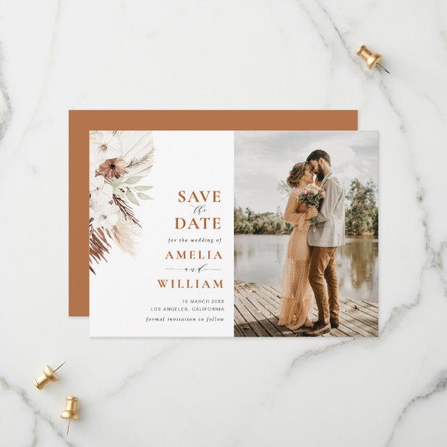 terracotta pampas blommigt bröllop spara datum spara datumet (Fram/Back In Situ)