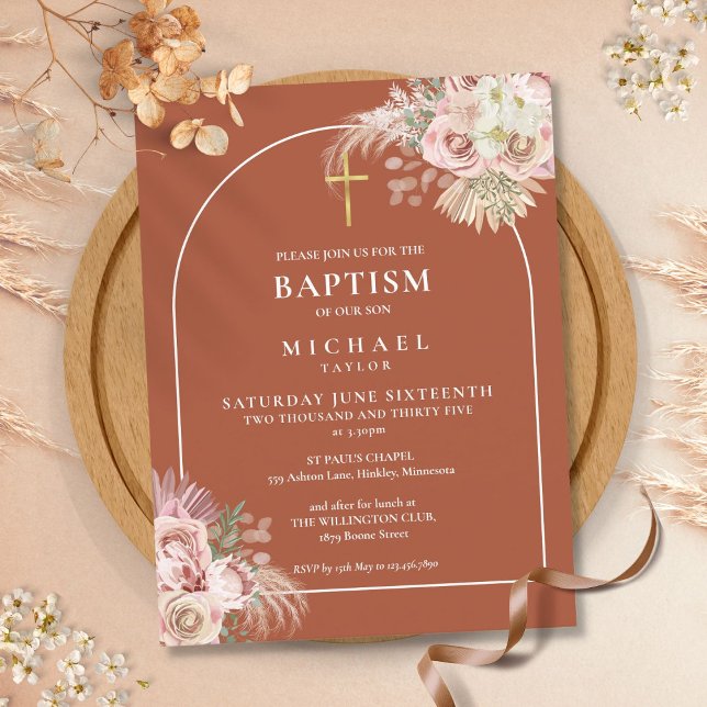 Terracotta Pampas Grass Arch Baptism Christening Inbjudan Vykort (Terracotta Pampas Grass Arch Baptism Christening Invitation Postcard)