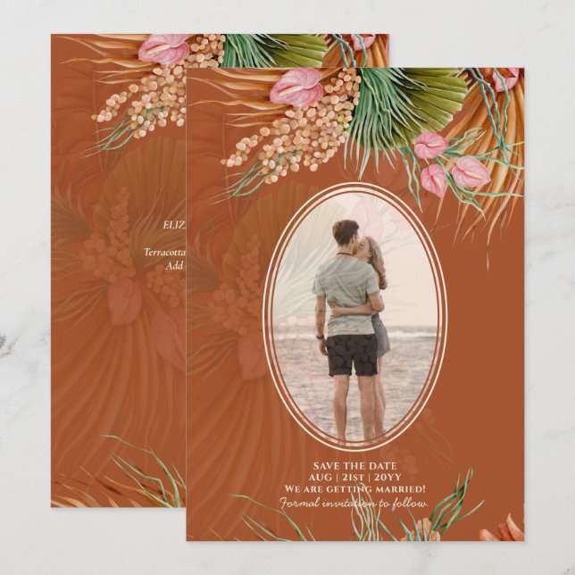 Terracotta Pampas Grass PHOTO Bröllop Spara Dat Datumet (Fram/baksida)