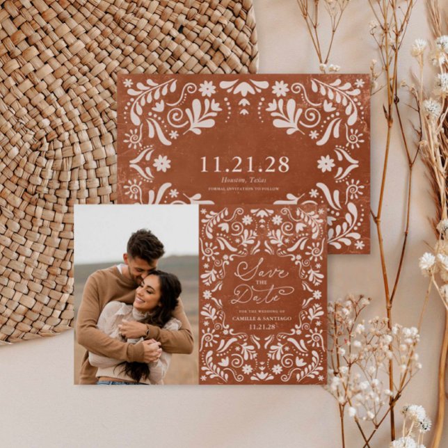Terracotta Papel Picado Photo Spara datumet (Modern Mexican Photo Save the Date Card)