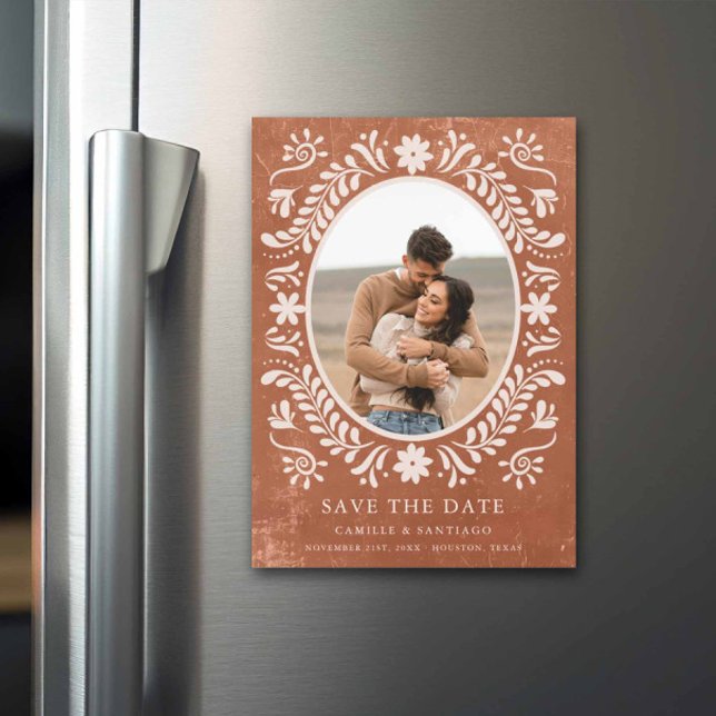 Terracotta Papel Picado Photo Spara datumet Magnetisk Inbjudningskort (Terracotta Papel Picado Photo Save the Date Magnetic)