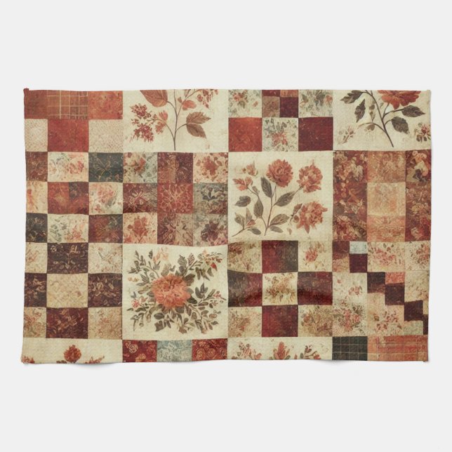 Terracotta Patchwork och Quilt Rustic Blommigt Kökshandduk (Horisontell)
