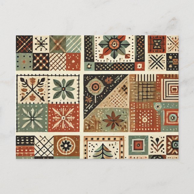 Terracotta Patchwork Quilt Rustic Blommigt Design Vykort (Framsida)