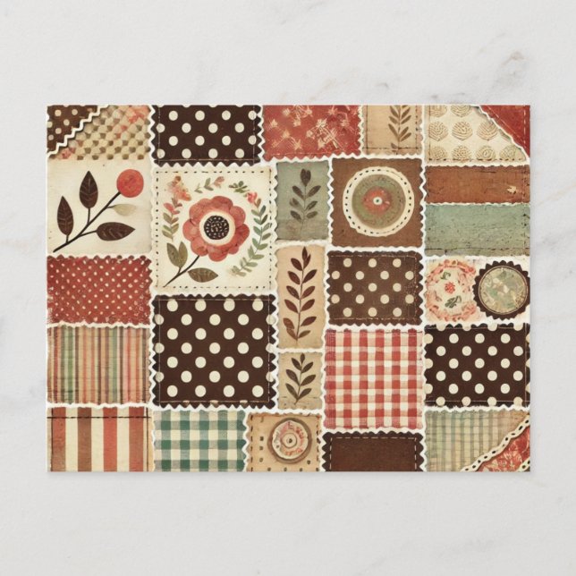 Terracotta Patchwork Quilt Rustic Blommigt Design Vykort (Framsida)