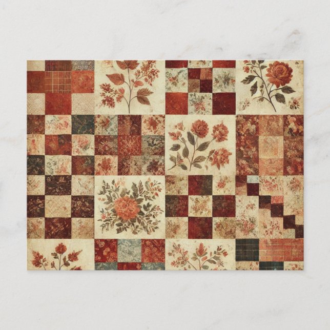 Terracotta Patchwork Quilt Rustic Blommigt Design Vykort (Framsida)
